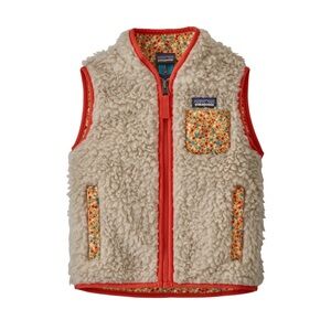 Patagonia Cream Sherpa Vest with Orange Trim and Yellow Floral Pocket size 2T